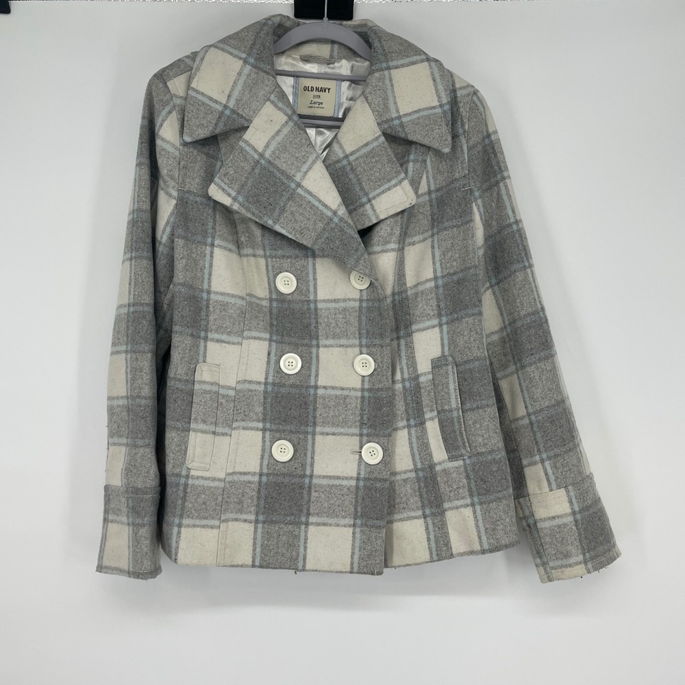 Old Navy Plaid Double‎ Breasted Wool Blend Pea Coat Jacket Size L Gray Cream
